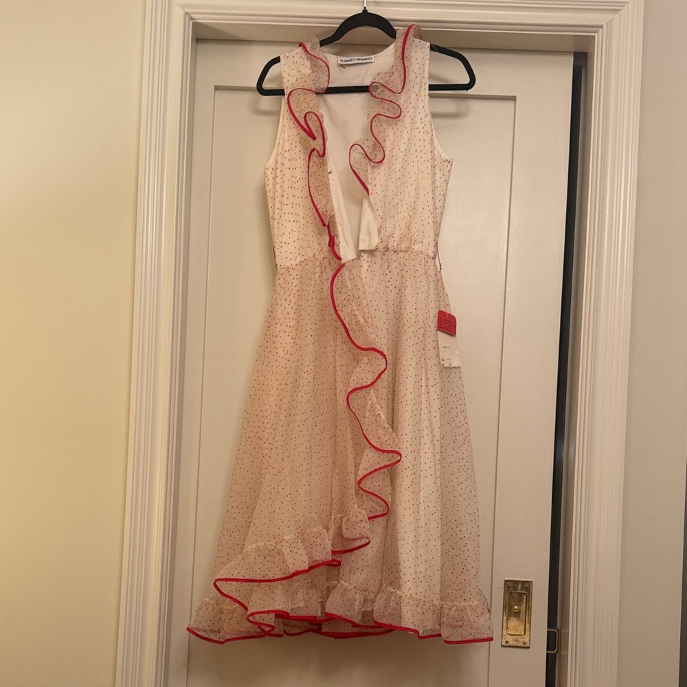 Vintage Albert Carraro Silk Polka Dot Dress with Red Trim NWT